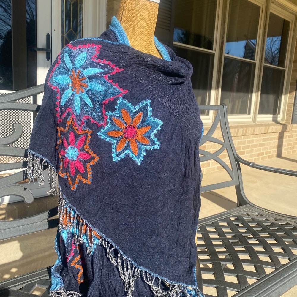 Floral Embroidered Shawl with Fringe